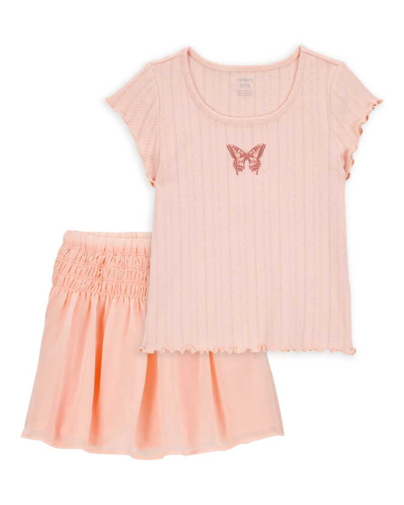 Kid 2-Piece Butterfly Pointelle Tee & Chiffon Skirt Set - Pink