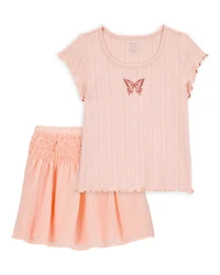 Kid 2-Piece Butterfly Pointelle Tee & Chiffon Skirt Set - Pink
