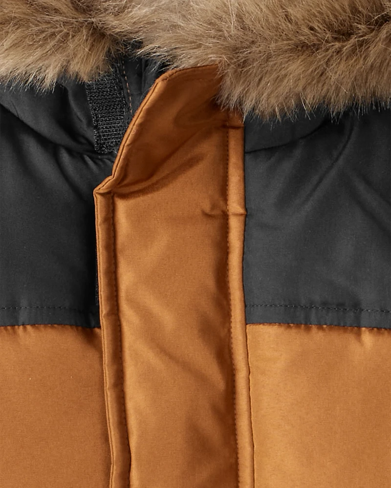 Toddler Boy 2-Piece Color Block Hooded Snowsuit Jacket & Bib Set - Brown/Black