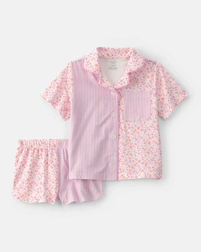 Toddler Girl Floral Striped Short-Sleeve Loose Fit 2-Piece Pajama Set - Pink