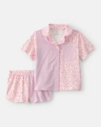 Toddler Girl Floral Striped Short-Sleeve Loose Fit 2-Piece Pajama Set - Pink