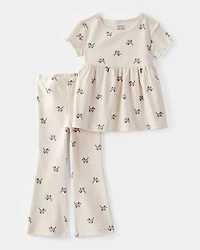 Toddler 2-Piece Dog Print Ribbed Tee & Pull-On Pant Set - Ivory