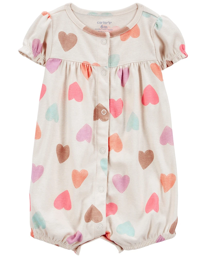 Baby Girl Heart Print Ribbed Short-Sleeve Romper - Tan