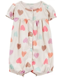 Baby Girl Heart Print Ribbed Short-Sleeve Romper - Tan