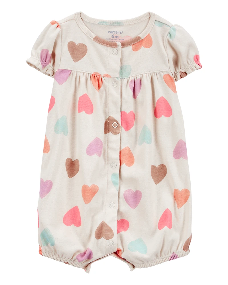 Baby Girl Heart Print Ribbed Short-Sleeve Romper - Tan