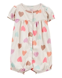 Baby Girl Heart Print Ribbed Short-Sleeve Romper - Tan