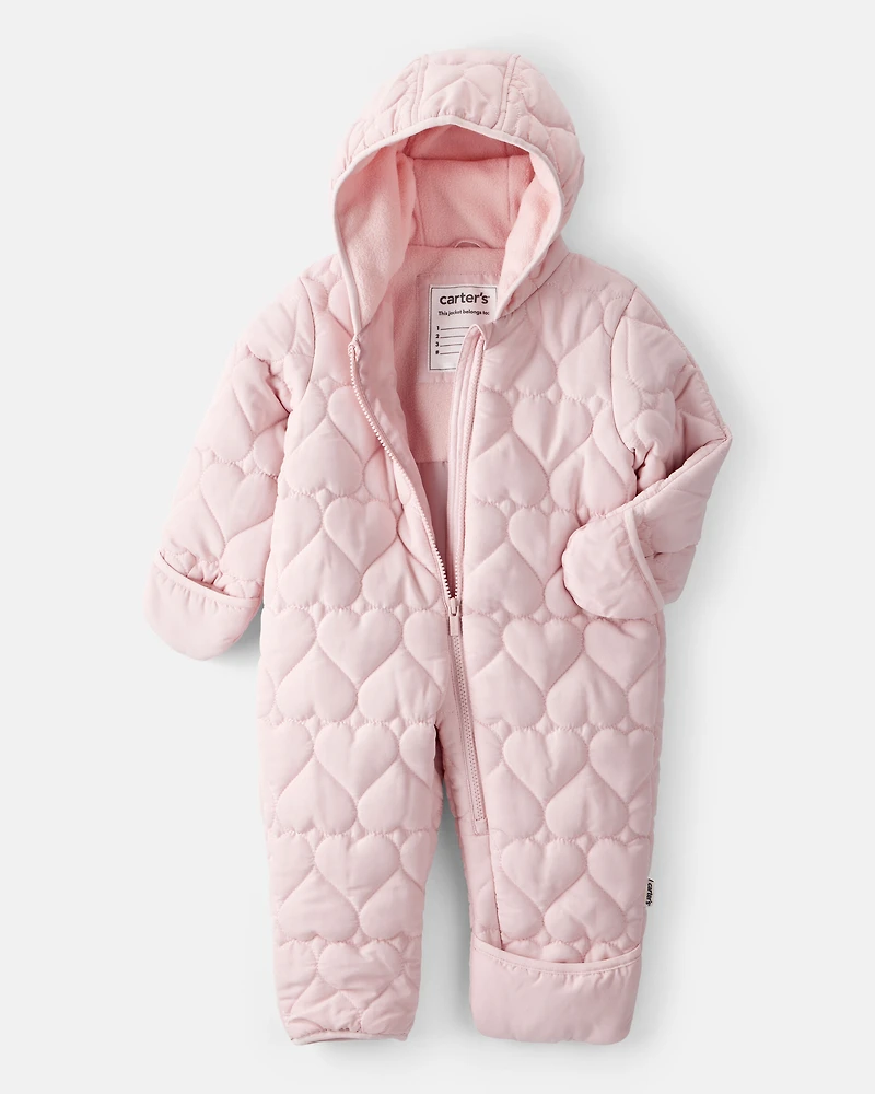 Baby Girl 1-Piece Heart Quilted Pram Snowsuit - Pink