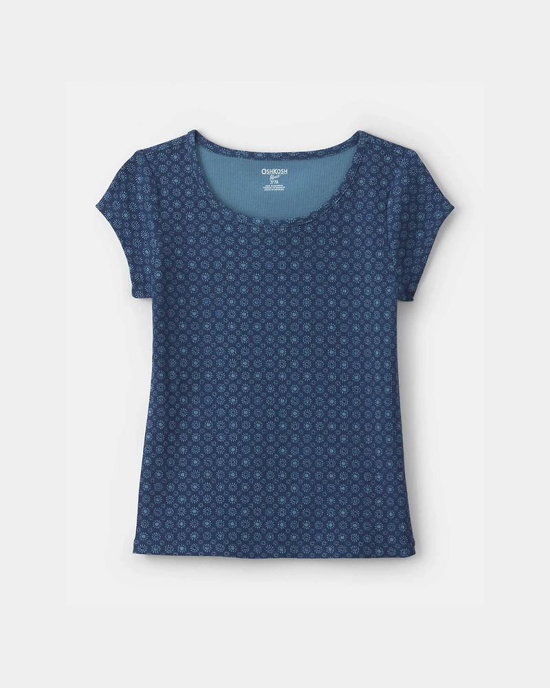 Girls Floral Ribbed Tee - Navy