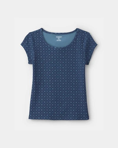 Girls Floral Ribbed Tee - Navy