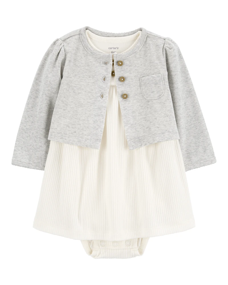 Baby Girl 2-Piece Bodysuit Dress & Cardigan Set - Grey/White