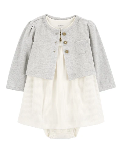 Baby Girl 2-Piece Bodysuit Dress & Cardigan Set - Grey/White