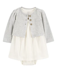 Baby Girl 2-Piece Bodysuit Dress & Cardigan Set - Grey/White