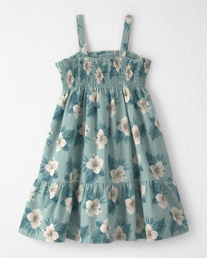 Girls Smocked Linen Dress Made with Organic Cotton in Blue Hibiscus