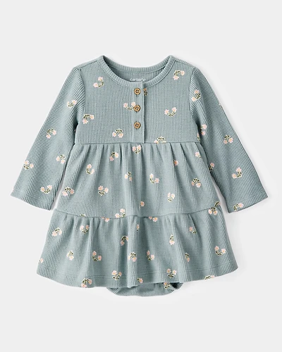 Baby Floral Waffle Knit Bodysuit Dress - Green