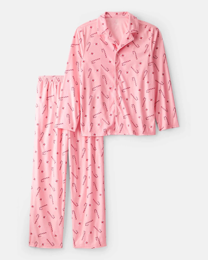 Adult Peppermint Print Long-Sleeve Loose Fit Coat-Style 2-Piece Pajamas - Pink