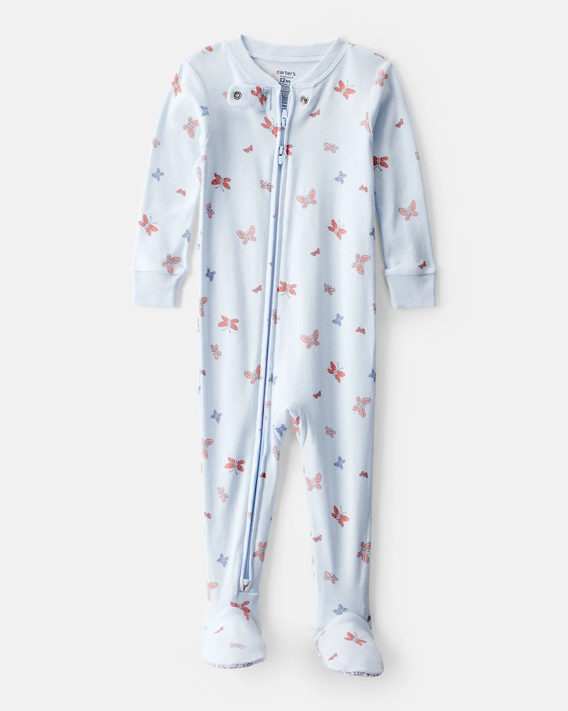 Baby Girl Butterfly 100% Cotton Snug Fit 2-Way Zip Footie 1-Piece Pajamas - Blue