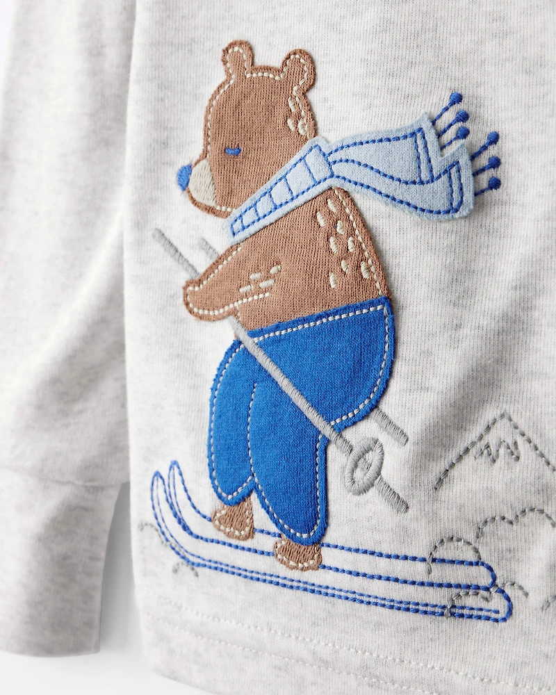 Toddler Boy Woodland Print Cotton Long-Sleeve Snug Fit 4-Piece Pajamas - White/Blue