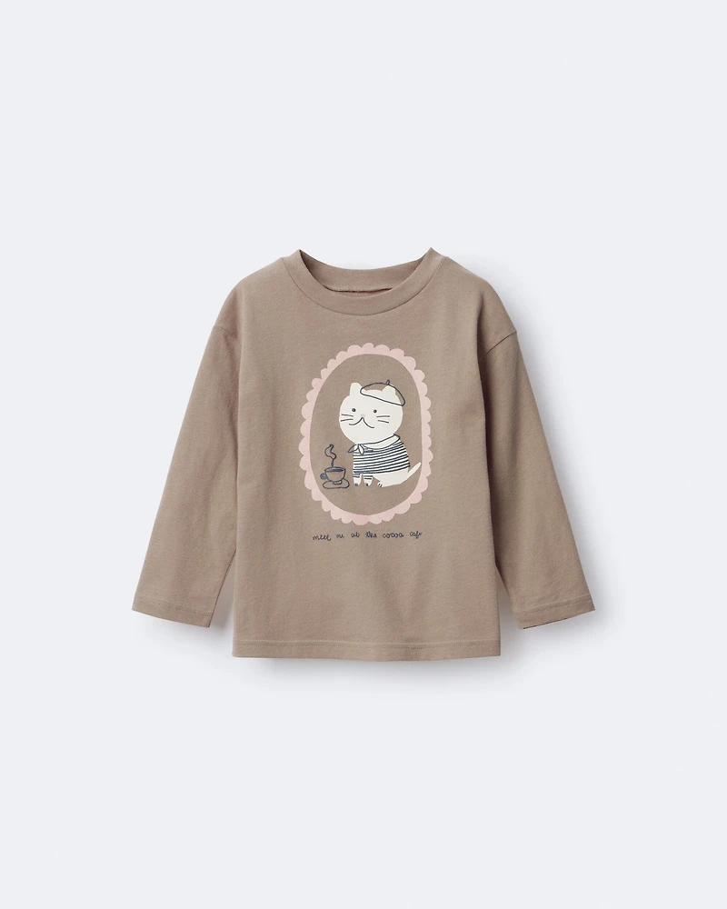 Toddler Girl Cocoa Cat Long-Sleeve Relaxed Graphic Tee - Tan