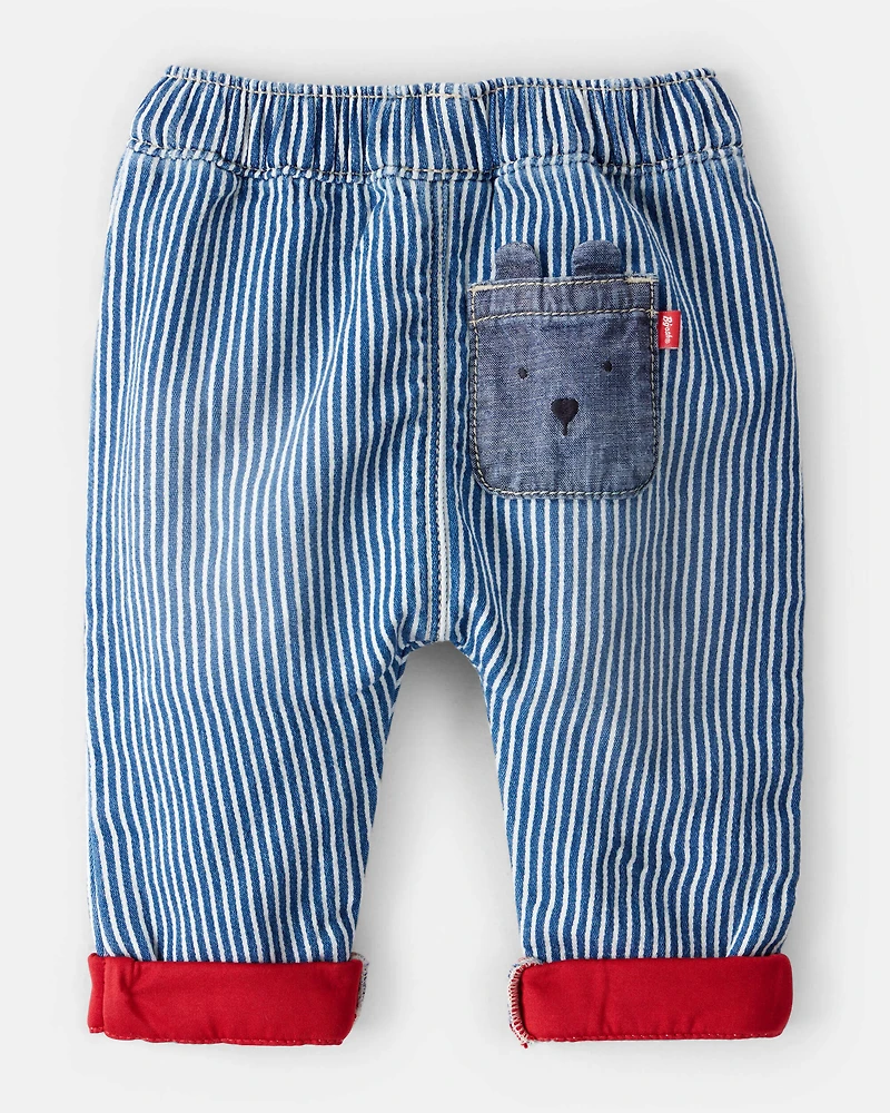 Baby Hickory Stripe Knit-Like Denim Jeans with Bear Pocket - Blue/Ivory