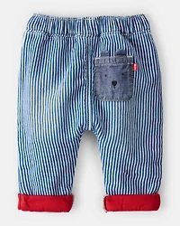 Baby Hickory Stripe Knit-Like Denim Jeans with Bear Pocket - Blue/Ivory