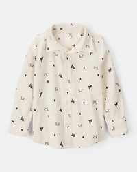 Boys Christmas Print Corduroy Long-Sleeve Button-Down Shirt - Ivory