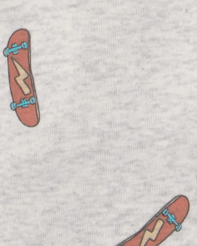 Boys Skateboard Cotton Short-Sleeve Snug Fit 4-Piece Pajama Set - Green/Brown