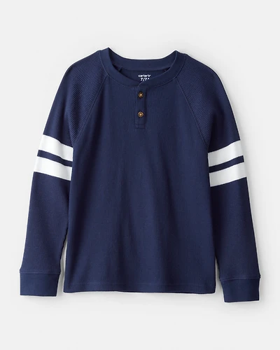 Boys Stripe Thermal Long-Sleeve Henley T-Shirt - Navy
