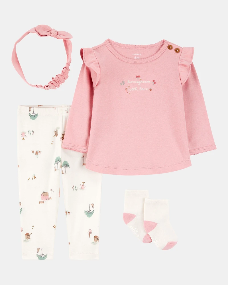 Baby 4-Piece Farm Print Outfit Set - White/Pink