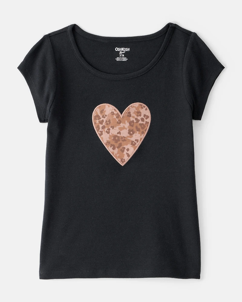 Girls Leopard Heart Short-Sleeve Graphic Tee - Black