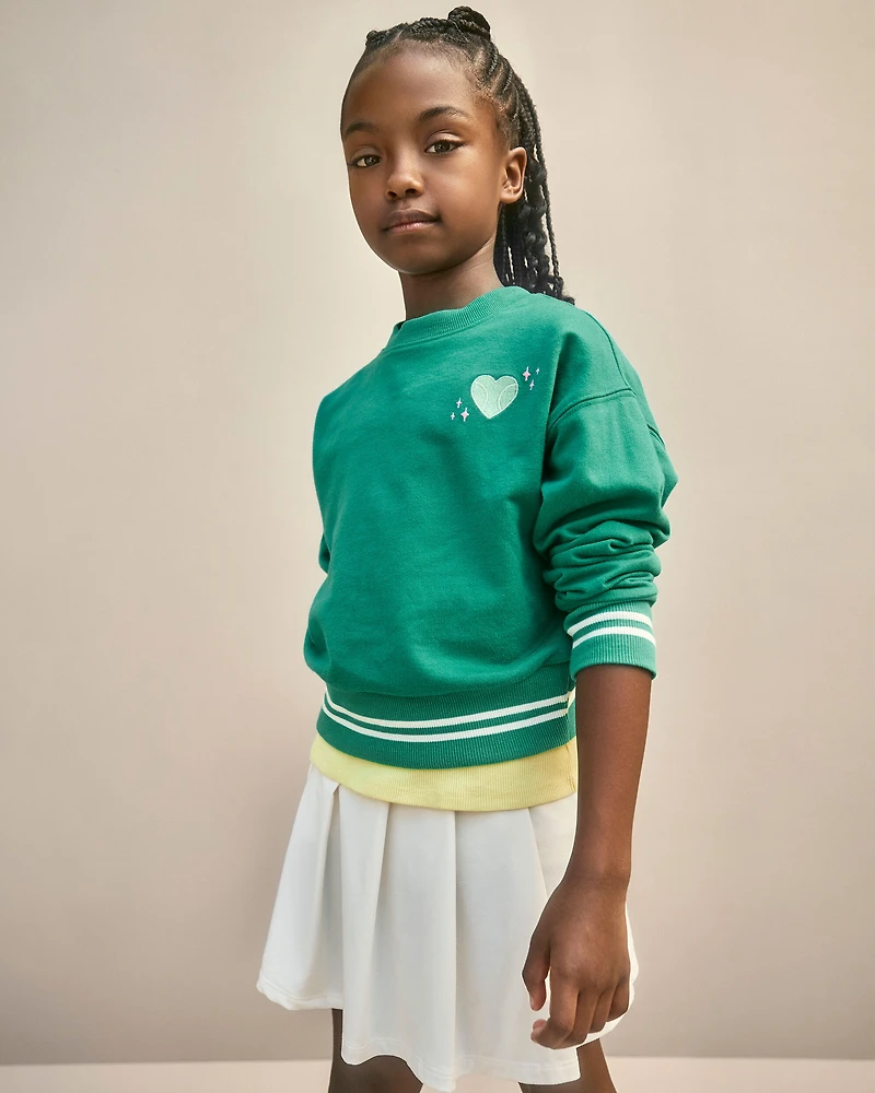 Girls Tennis Heart French Terry Pullover Sweatshirt - Green