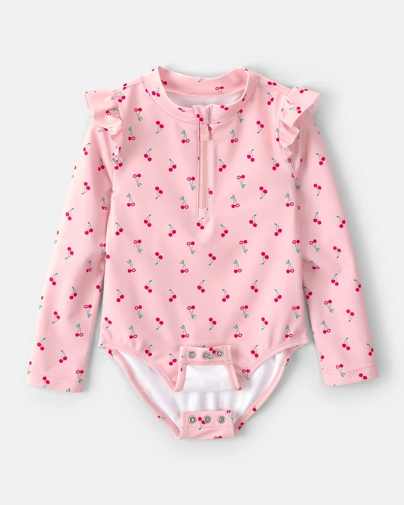 Toddler Girl Cherry Long-Sleeve 1-Piece Rashguard Swimsuit - Pink