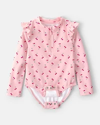 Toddler Girl Cherry Long-Sleeve 1-Piece Rashguard Swimsuit - Pink