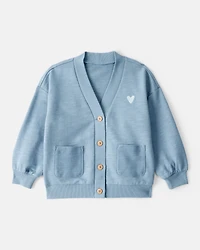 Toddler Girl Heart Cotton Long-Sleeve Cardigan Sweater - Blue