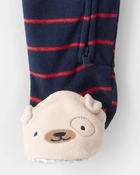 Baby Boy Dog Striped Fleece Loose Fit 1-Piece Pajamas - Navy