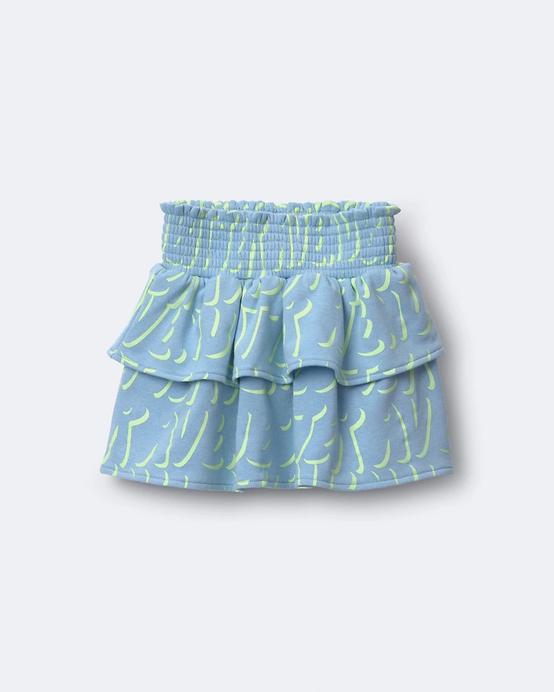 Toddler Girl Smocked Tiered Skirt in Otter Avenue Print - Light Blue/Lime Green