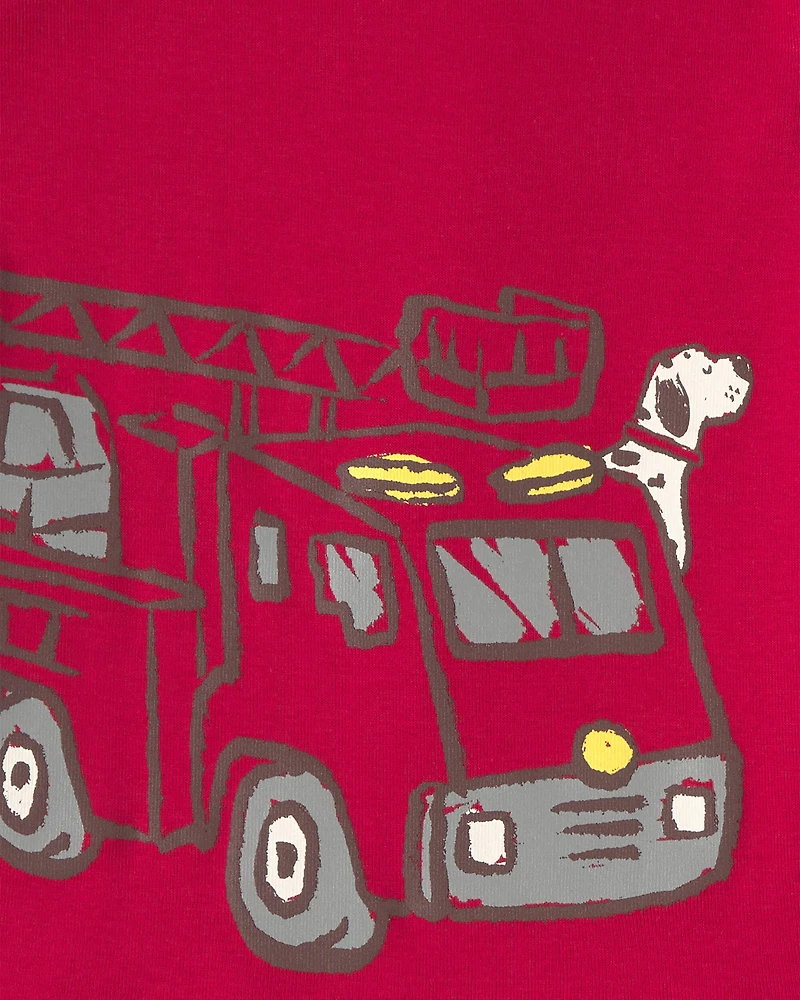 Toddler Boy Firetruck Striped 100% Cotton Snug Fit 4-Piece Pajama Set - Red/White