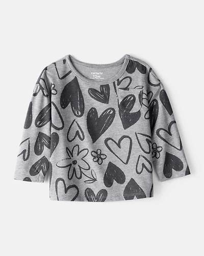 Baby Girl Heart Print Long-Sleeve Top - Grey