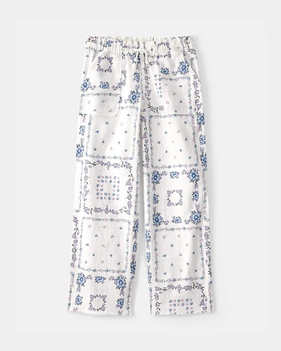 Girls Bandana Floral Drawstring Pants - Blue/Ivory