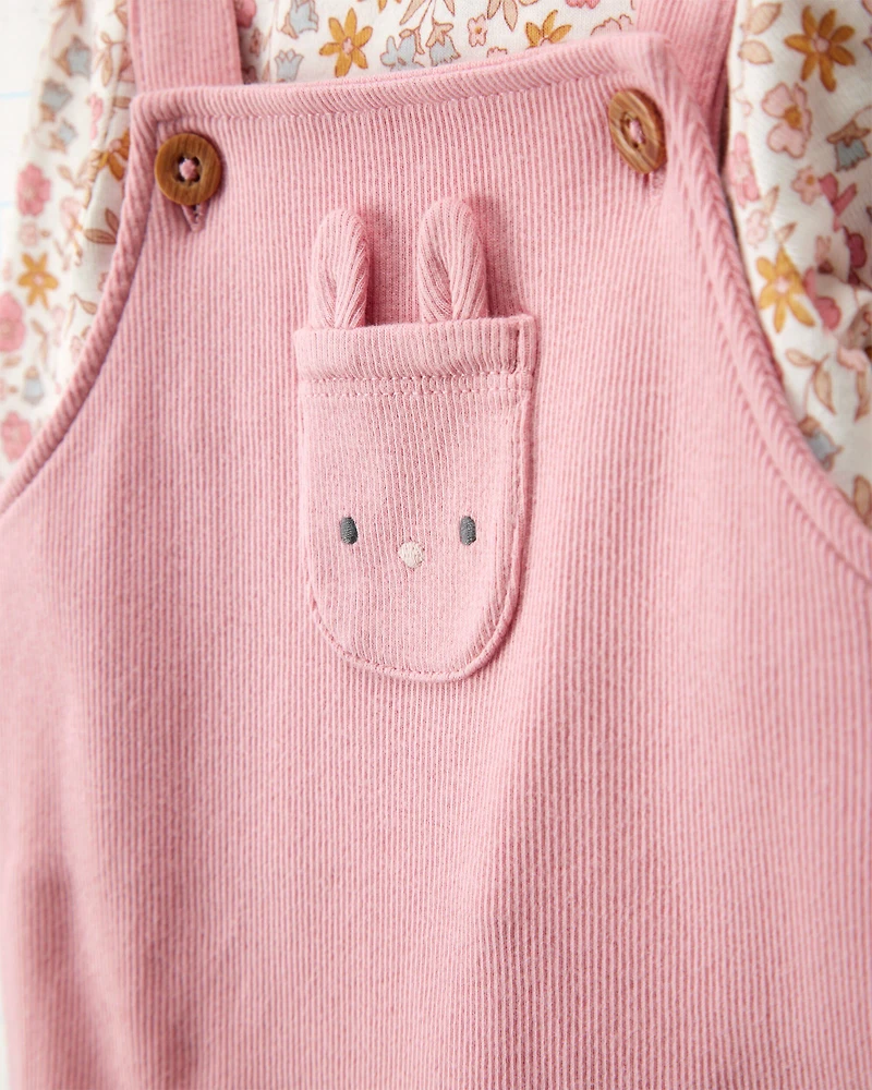 Baby 2-Piece Floral Bunny Long-Sleeve Tee & Coverall Set - Pink