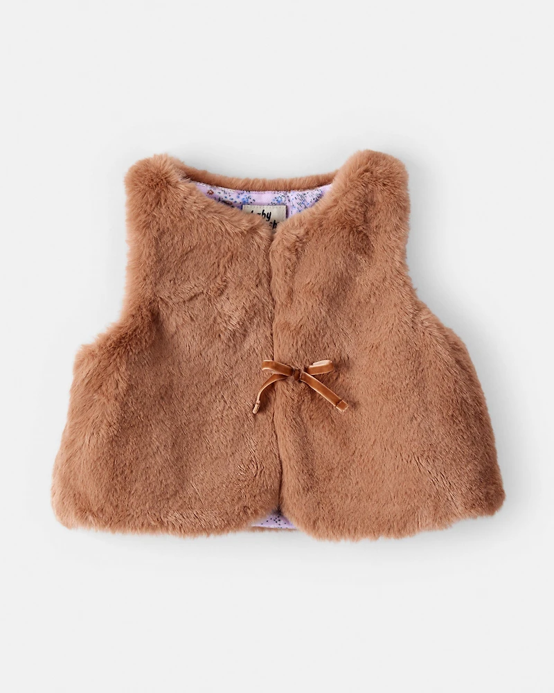 Baby Girl Floral Lined Faux Fur Vest - Brown