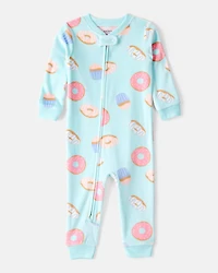 Baby Girl Donuts Print DreamPlush Long-Sleeve Snug Fit 1-Piece Pajamas - Blue
