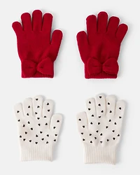 Girls 2-Pack Heart & Bow Winter Gloves - Red/Cream
