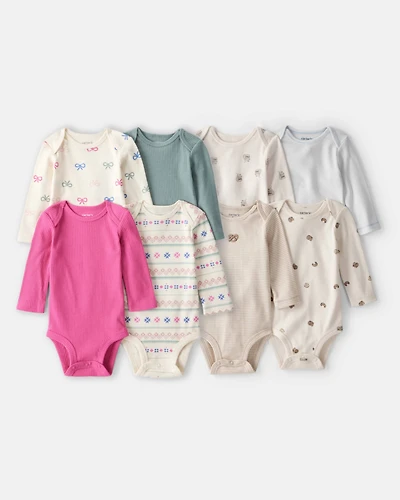 Baby Girl 8-Pack Long-Sleeve Multipack Bodysuits - White/Tan/Pink