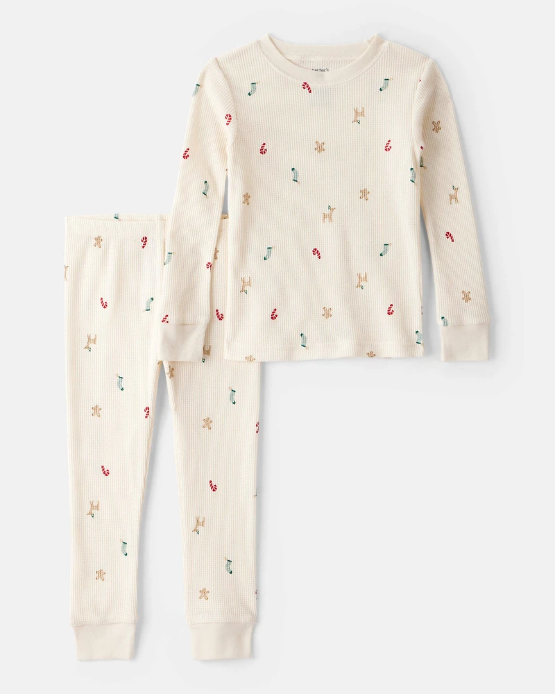 Toddler Mini Christmas Cotton Long-Sleeve Snug Fit 2-Piece Pajamas - White