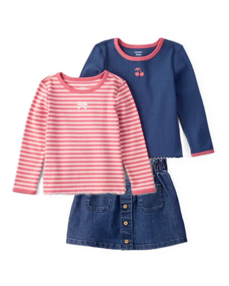 Baby Girl 3-Piece Long-Sleeve Tops & Denim Button-Front Skirt Set - Multi