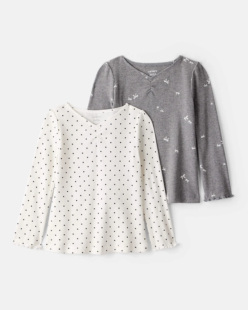 Toddler Girl 2-Pack Bow Print Cotton Long-Sleeve Tops - Grey/White