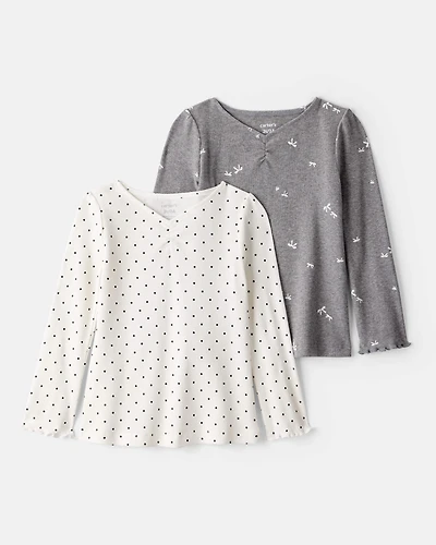 Toddler Girl 2-Pack Bow Print Cotton Long-Sleeve Tops - Grey/White