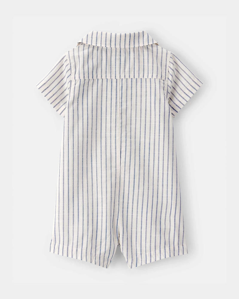 Baby Boy Striped Button-Down Romper - White/Blue