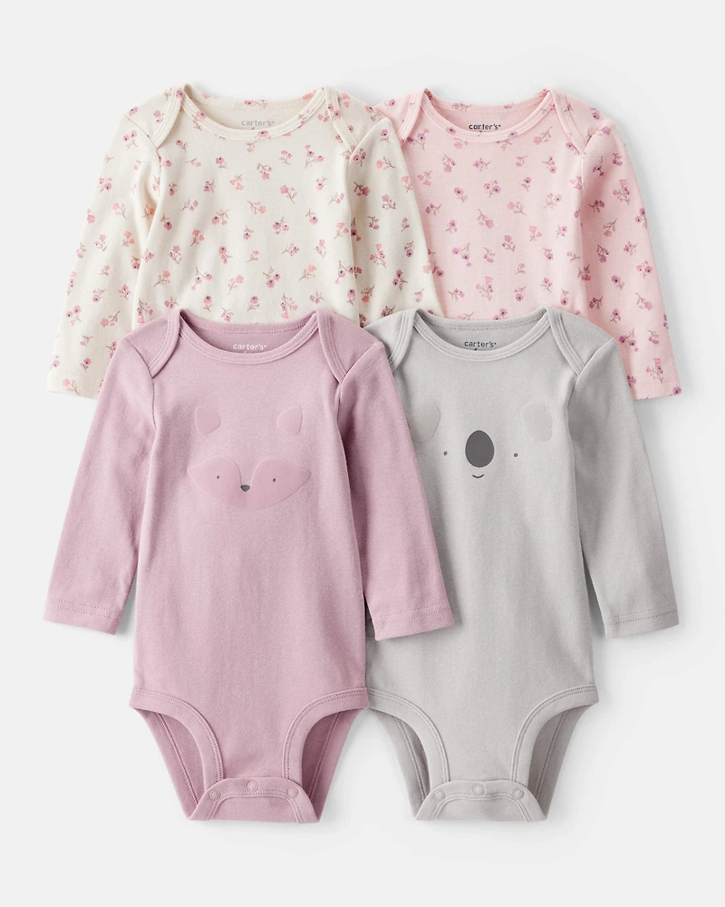 Baby Girl 4-Pack Koala Print Cotton Long-Sleeve Multipack Bodysuits - Multi