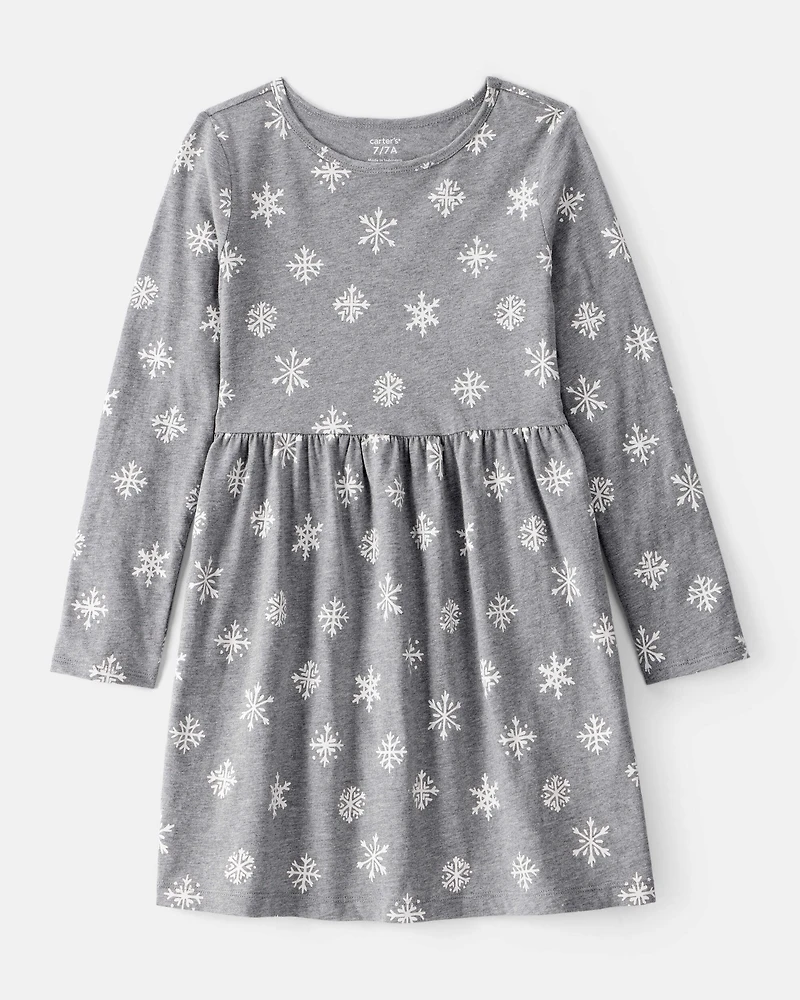 Girls Snowflake Print Cotton Long-Sleeve Dress - Grey